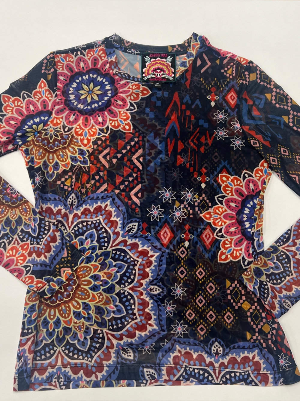Johnny Was Multicolor Embroidered Floral Mesh Top PM